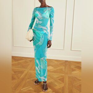 PUCCI Ruffled printed tulle maxi dress - Turquoise